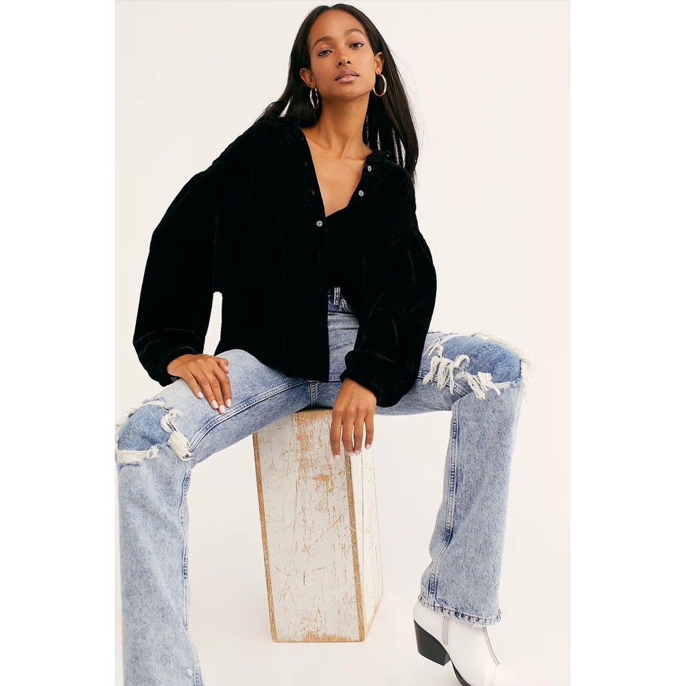 We The Free La Luna Velvet Button Down Free People Black Shirt Large Oversized